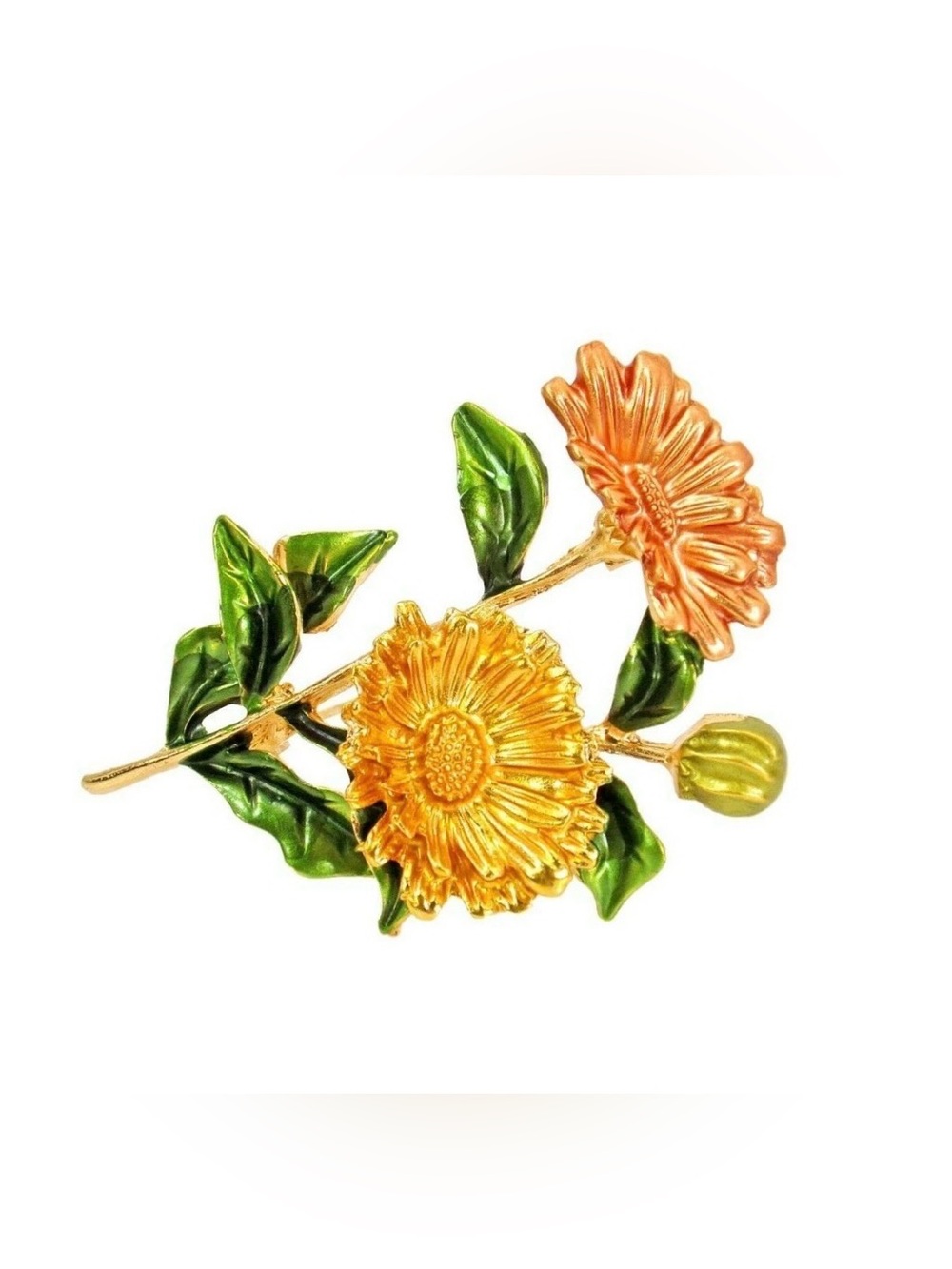 Flower brooch pin with yellow and orange flowers, green leaves, gold trim  New